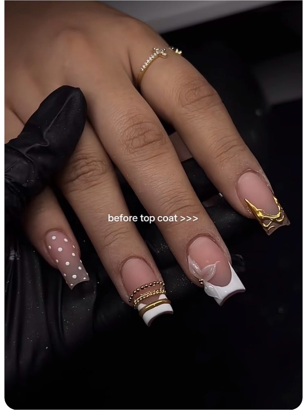 Nude & White Press-On Nail Set with Gold Accents and Polka Dot Detail